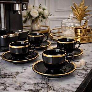 Waechtersbach West Germany Black Gold Cup and Saucer Set 4 Vtg Espresso Coffee